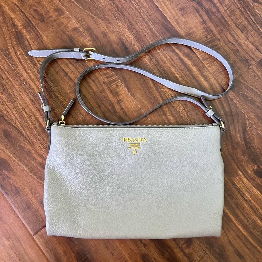 Prada Gray Crossbody Bag with Gold Logo in Vitello Daino leather